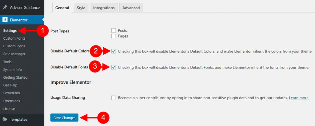 steps to disable default colors and fonts in elementor