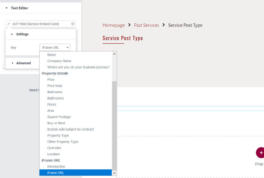 select iframe url field in elementor
