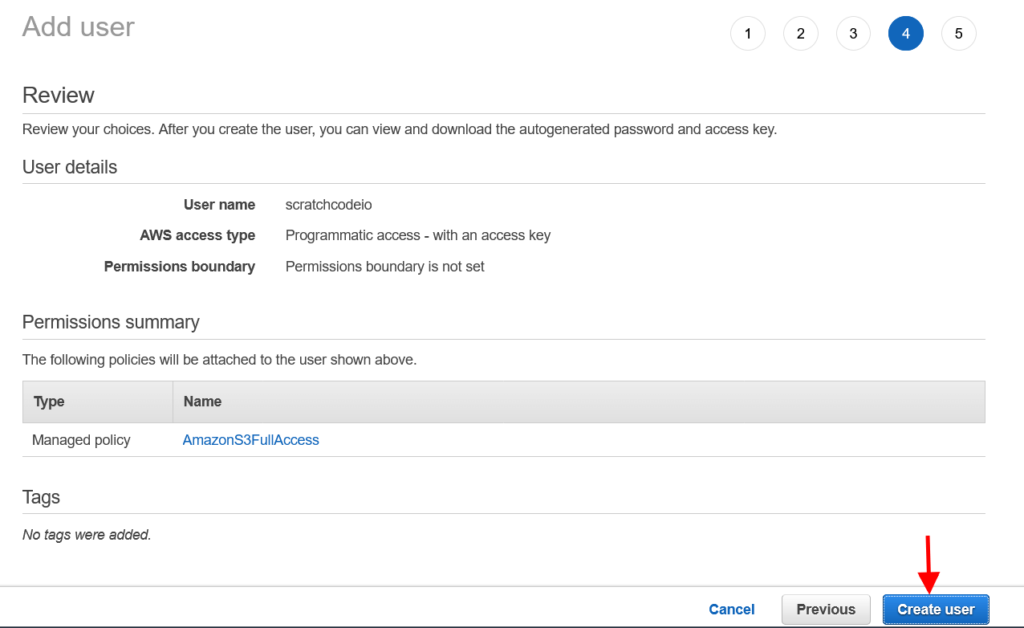 aws iam user creation review step